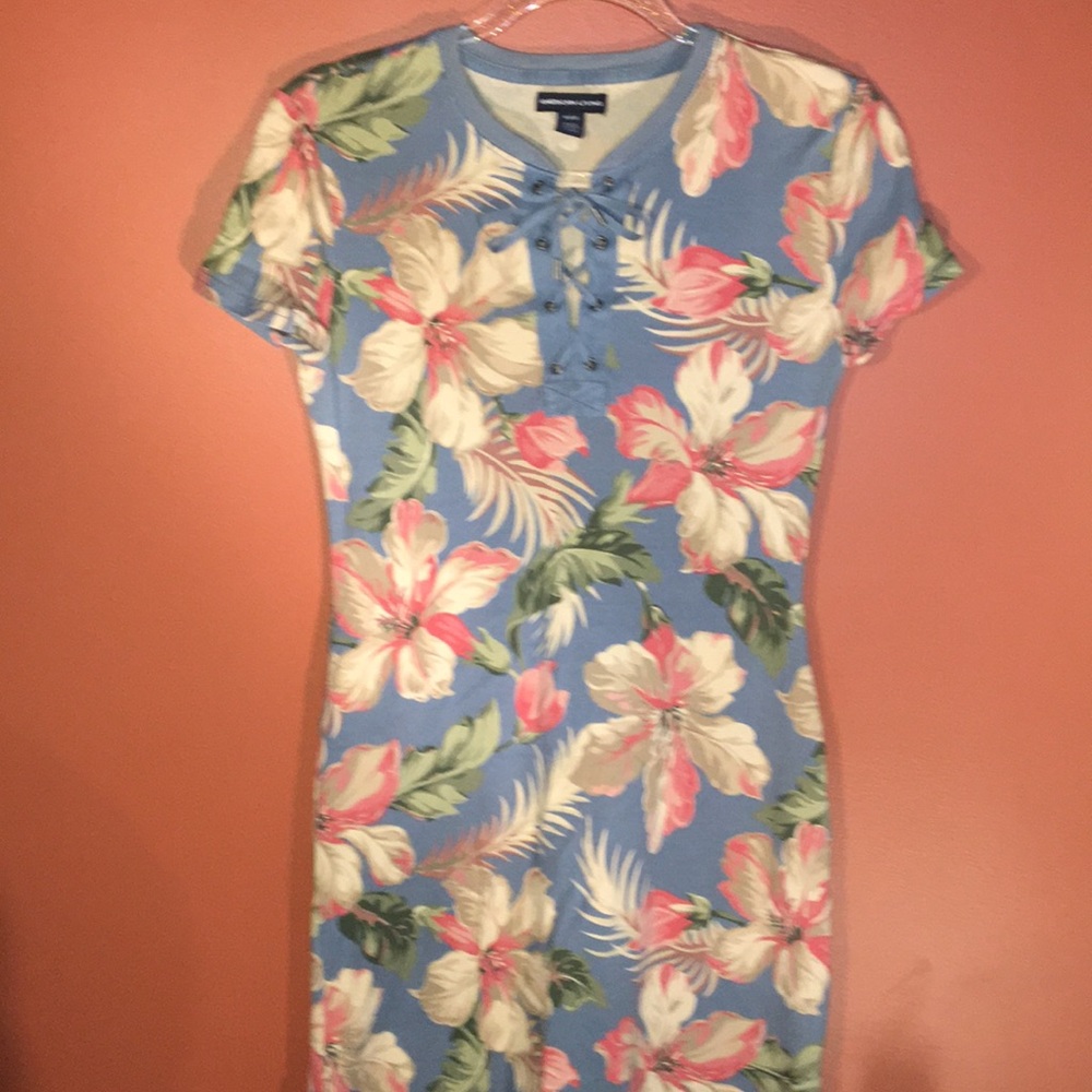 American Living Tropical Floral Blue Tee Shirt Dress Lace Up Front Short Sleeve - Picture 13 of 17